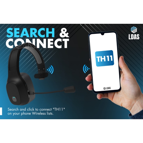 LDAS TH11 Trucker Bluetooth Mono Headset V5.2 – 96% AI Noise Cancelling Microphone, 34H Talk Time, Lightweight Wireless Headband with USB-C Fast
