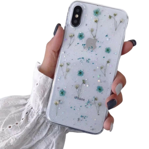 For Apple iPhone X / XS Blue Smart Shockproof Dry Flower Glitter Case TPU Back Cover