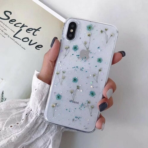 For Apple iPhone X / XS Blue Smart Shockproof Dry Flower Glitter Case TPU Back Cover