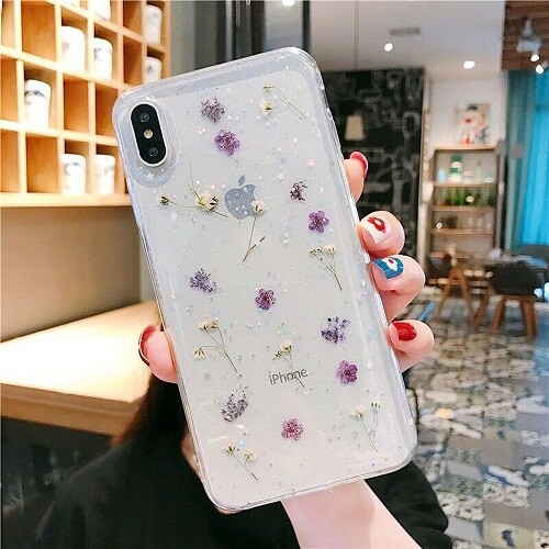 For Apple iPhone XR Purple Smart Shockproof Dry Flower Glitter Case TPU Back Cover