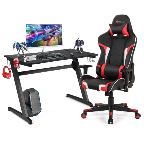 Goplus Z-Shaped Racing Style Desk & Massage Gaming Chair Set for Home Office