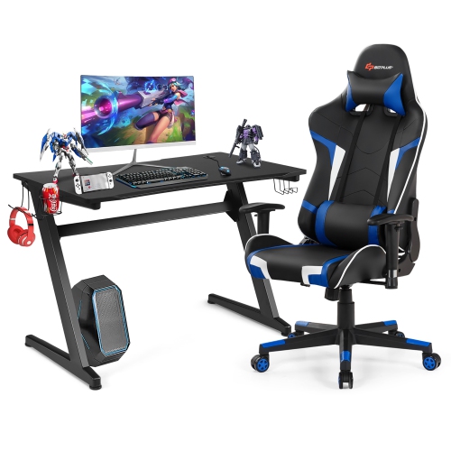 Goplus Z-Shaped Racing Style Desk & Massage Gaming Chair Set for Home Office