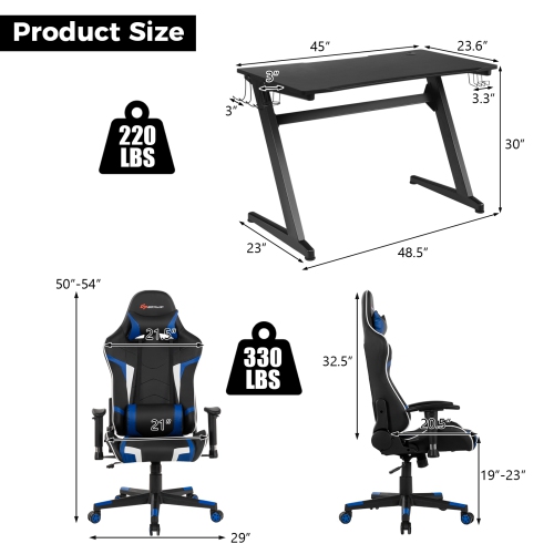 Goplus Z-Shaped Racing Style Desk & Massage Gaming Chair Set for Home Office