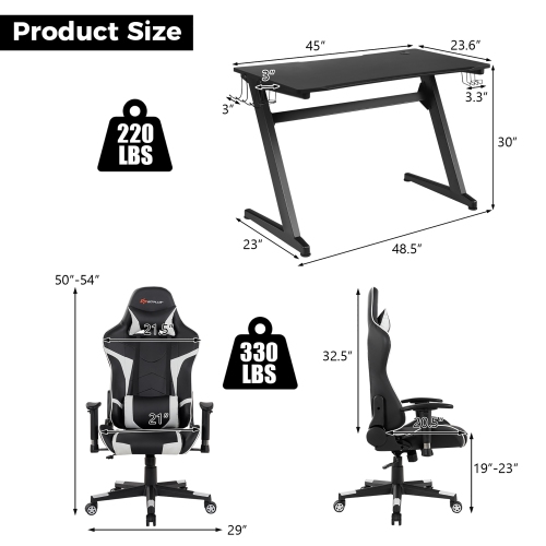 Goplus Z-Shaped Racing Style Desk & Massage Gaming Chair Set for Home Office