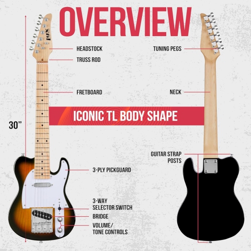 LyxPro Beginner 30" Telecaster Electric Guitar, Paulownia Body, Sunburst