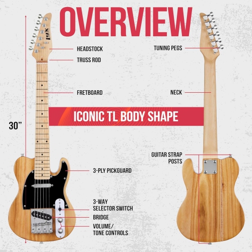 LyxPro Beginner 30" Telecaster Electric Guitar, Paulownia Body, Natural