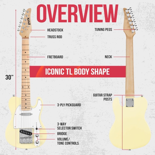 LyxPro Beginner 30" Telecaster Electric Guitar, Paulownia Body, Cream White
