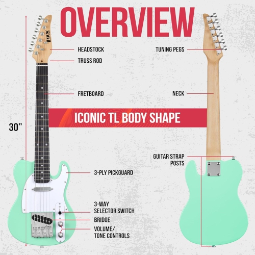 LyxPro Beginner 30" Telecaster Electric Guitar, Paulownia Body, Green