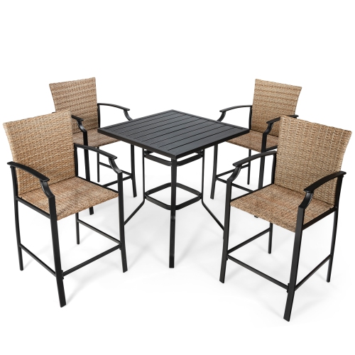 Patiojoy 5PCS Patio Rattan Bar Set Wood Heavy-Duty Steel Frame Bistro Set with 4 Bar Stools for Poolside&Garden