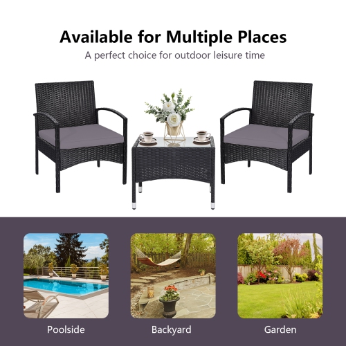 Patiojoy 3 PCS Patio Rattan Cushioned Chair Side Table Set Bistro Set Classic Furniture Single Sofa Thick Cushion for Garden Grey/White/Turquoise/Red