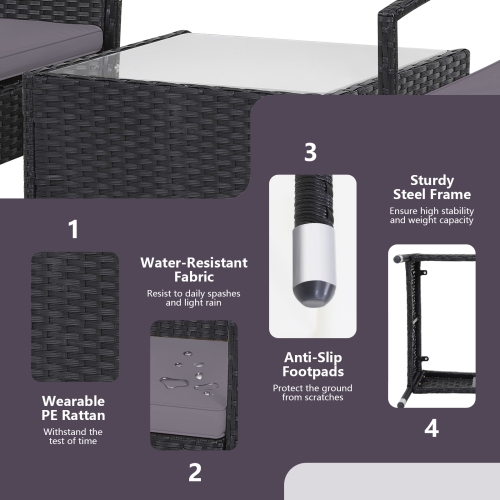 Patiojoy 3 PCS Patio Rattan Cushioned Chair Side Table Set Bistro Set Classic Furniture Single Sofa Thick Cushion for Garden Grey/White/Turquoise/Red