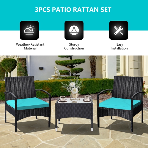 Patiojoy 3 PCS Patio Rattan Cushioned Chair Side Table Set Bistro Set Classic Furniture Single Sofa Thick Cushion for Garden Grey/White/Turquoise/Red