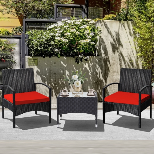 Patiojoy 3 PCS Patio Rattan Cushioned Chair Side Table Set Bistro Set Classic Furniture Single Sofa Thick Cushion for Garden Grey/White/Turquoise/Red