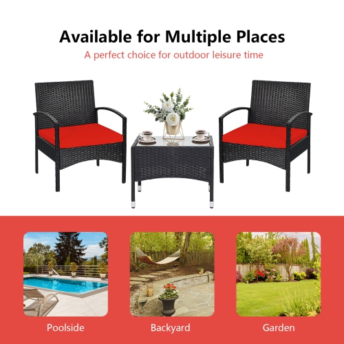 Patiojoy 3 PCS Patio Rattan Cushioned Chair Side Table Set Bistro Set Classic Furniture Single Sofa Thick Cushion for Garden Grey/White/Turquoise/Red