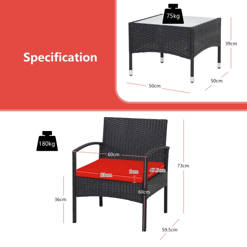 Patiojoy 3 PCS Patio Rattan Cushioned Chair Side Table Set Bistro Set Classic Furniture Single Sofa Thick Cushion for Garden Grey/White/Turquoise/Red