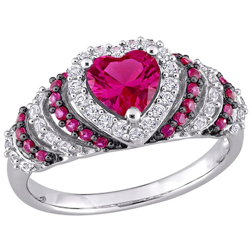 AMOUR  Heart Ruby Halo Ring In Sterling Silver - Size 5 In Red