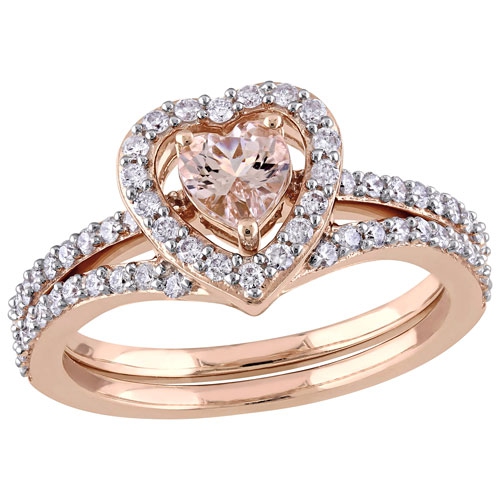 AMOUR  Heart Ring In 10K Gold With .008Ctw Round Cut Diamonds And Heart Morganite - Size 8 In Pink