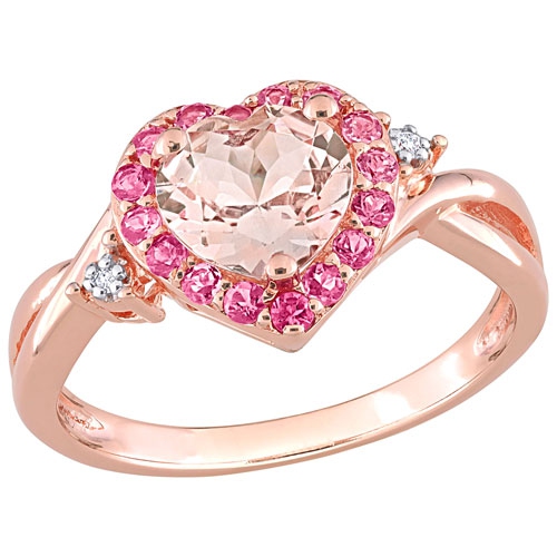 Bague en argent plaqué rose avec morganite à taille coeur et tourmaline auréole 0,01 ct d’Amour - taille 7