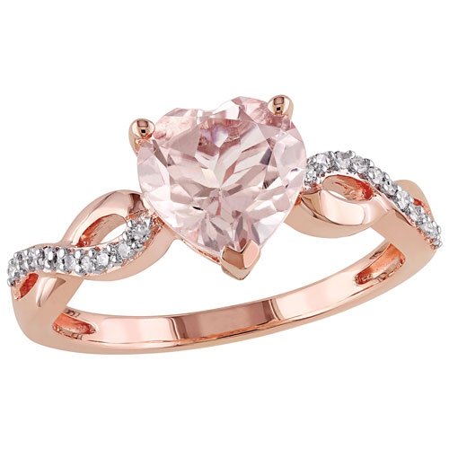Bague classique en or rose 10 ct avec morganite rose et diamants ronds 0,088 ct - taille 6