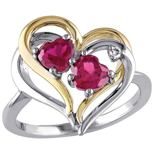 AMOUR  Heart Ring In 2-Tone Sterling Silver With Heart Created Ruby & 0.02Ctw White Diamonds - Size 8 In Red