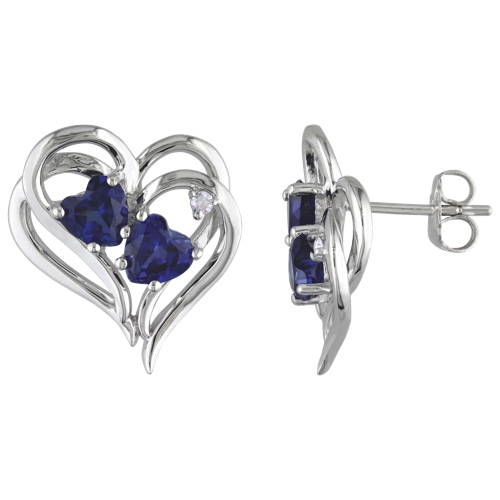 AMOUR  Modern Sterling Silver With Heart Created Sapphire & 0.02Ctw I3 White Diamond Drop Earring In Blue