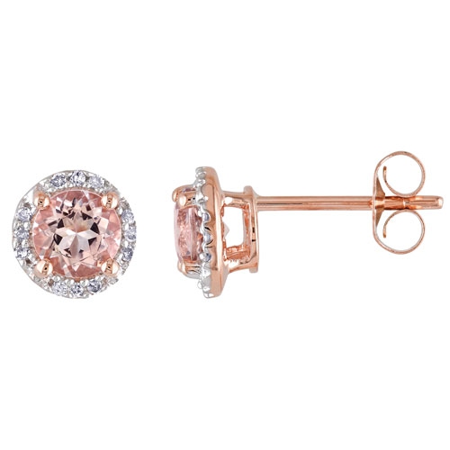 AMOUR  Classic 10K Rose Gold With Pink Round Morganite & 0.07Ctw I1-I2 Diamond Stud Earrings In White