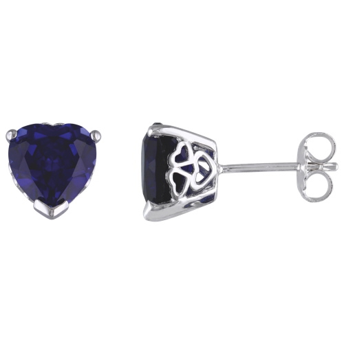 AMOUR  Sterling Silver With Heart Created Sapphire Gemstone Solitaire Earrings In Blue