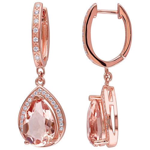AMOUR  Classic Pear-Cut Dangle Earrings In Rose Plated With Morganite & Round-Cut Cubic Zirconia In Silver