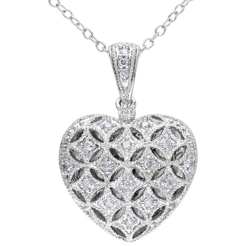 AMOUR  Classic Sterling Silver Chain And Heart Pendant With 0.145Ctw I3 Round Diamond In White