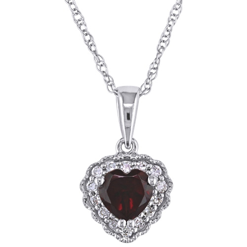 AMOUR  Vintage 10K White Gold Chain And Heart Pendant With Heart Garnet And 0.07Ctw I2-I3 White Diamond In Red
