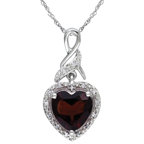 AMOUR  Modern Sterling Chain With Heart-Cut Garnet & 0.06Ctw I2-I3 Diamond Pendant Necklace In Silver
