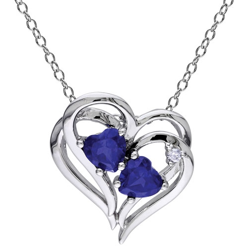 Modern Sterling Silver Chain and Sterling Silver Heart Pendant with Blue Sapphire & 0.02ctw Diamonds