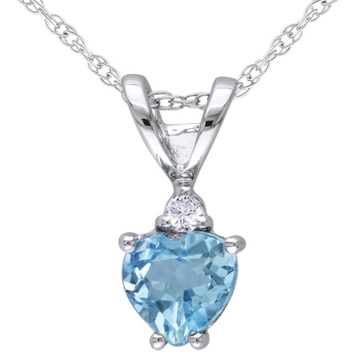 AMOUR  Modern 10K White Gold Chain And Heart Pendant With Heart Topaz And 0.02Ct I1-I2 White Diamond In Blue