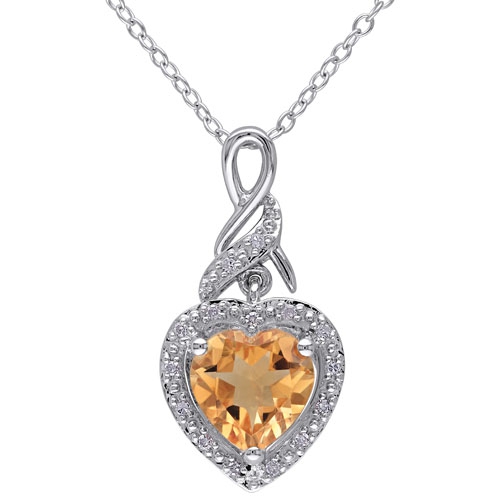 AMOUR  Heart Pendant In Sterling Silver With Heart Citrine & 0.06Ctw White Diamonds On An 18" Chain In Orange