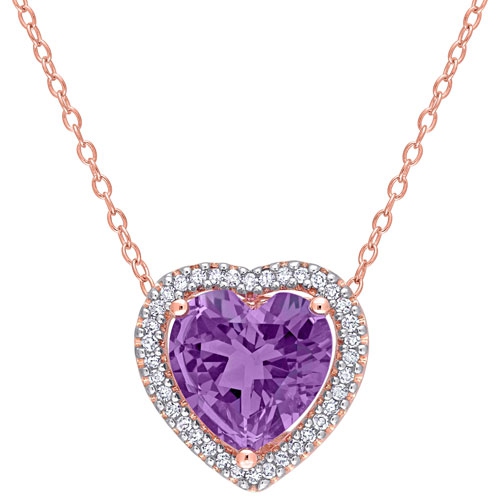 AMOUR  Heart Amethyst & 0.18 Ctw Diamond Pendant On 18" Rose Silver Chain In Pink