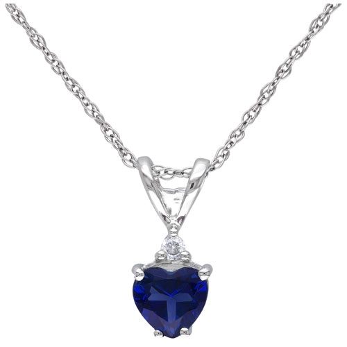 AMOUR  Heart 0.02 Ctw White Diamond & Created Sapphire Pendant In 17" 10K White Gold Chain In Blue