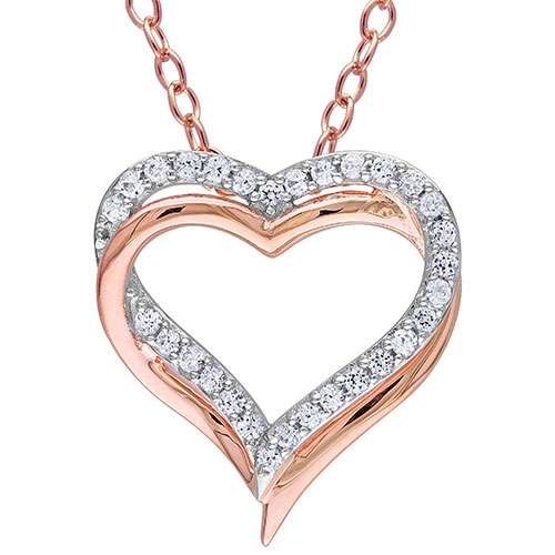 AMOUR  Valentine's Day Sterling Pink Silver With Round Created Sapphire Heart Pendant In White