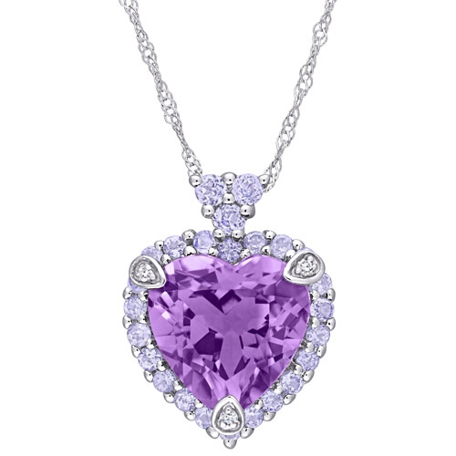 AMOUR  Heart Amethyst Pendant In 17" 10K Gold Chain In White