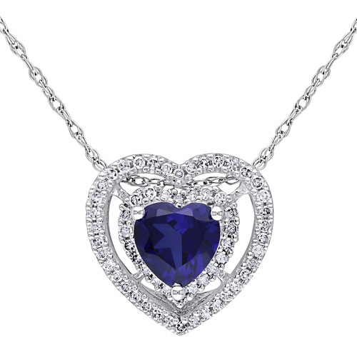 Amour Heart 0.202 ctw White Diamond & Created Blue Sapphire Pendant in 17" 10K White Gold Chain