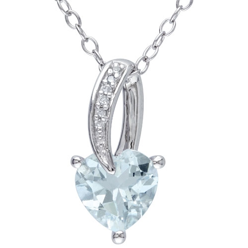 AMOUR  Modern Sterling Silver Chain And Heart Aquamarine And Diamond Pendant Necklace In Blue