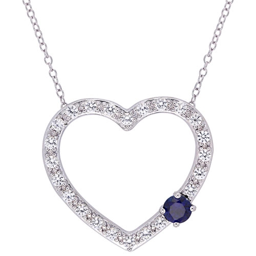 Amour Gemstones Basics Blue Round Created Sapphire Heart Pendant in 18" Sterling Silver Chain