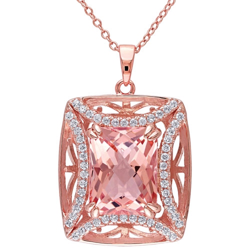 Halo Pendant in Rose Sterling Silver with Pink Emerald-Cut Simulated Morganite on an 18" Rose Chain