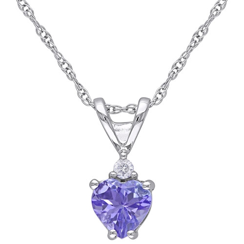 AMOUR  Heart 0.02 Ctw Diamond & Tanzanite Pendant In 17" 10K Gold Chain In White
