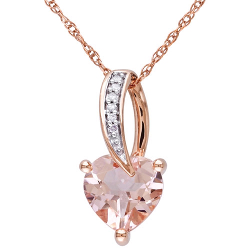 Chaîne classique en or rose 10 ct avec pendentif en coeur en diamant 0,018 ct, I2-I3 et morganite rose