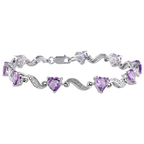 AMOUR  Purple Heart Amethyst & 0.02 Ctw I3 Diamond Bracelet In Sterling Silver In White