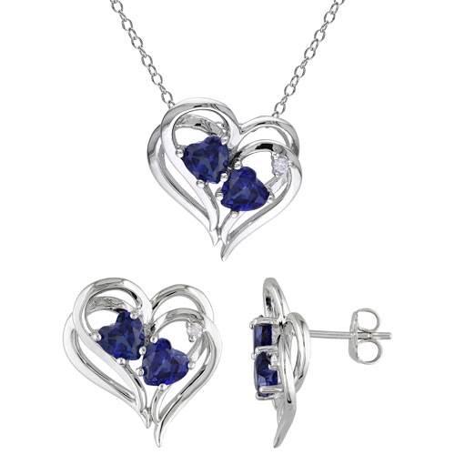 AMOUR  Classic Sterling Silver Created Sapphire & 0.06Ctw Diamonds Heart Necklace & Earring Set In Blue