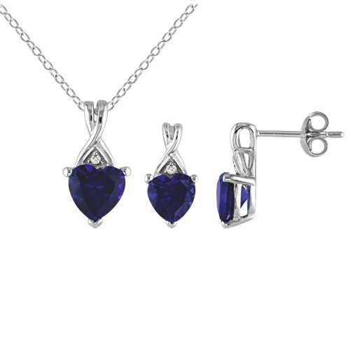 AMOUR  Modern Sterling Silver With Round Sapphire & 0.03Ctw White Diamond Heart Pendant & Earring Set In Blue