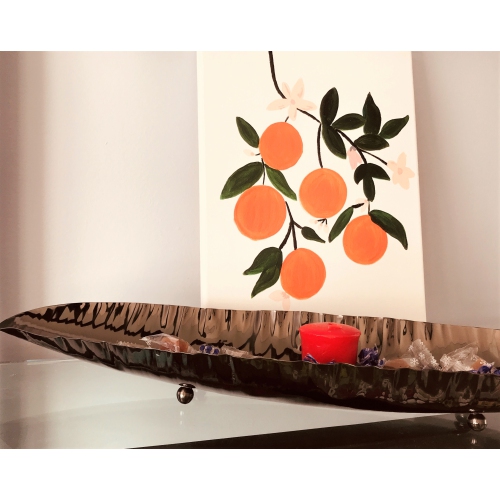 Canoe shape serving tray gun metal finish, large