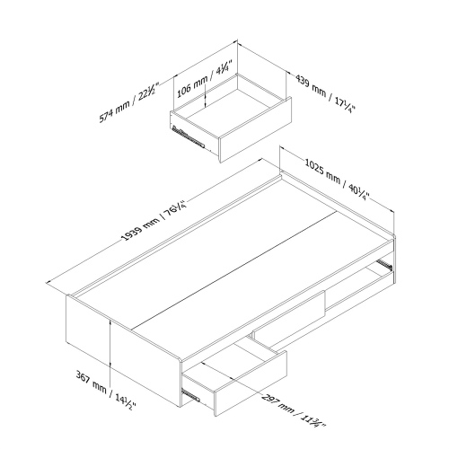 South Shore Fusion Twin Mates Bed with 3 Drawers, Pure Black
