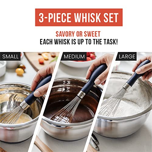 Chef Pomodoro Kitchen Whisk 3-Piece Set, Stainless Steel Wire Balloon Whisk Utensil, Baking Wisk Kitchen Cooking Tool